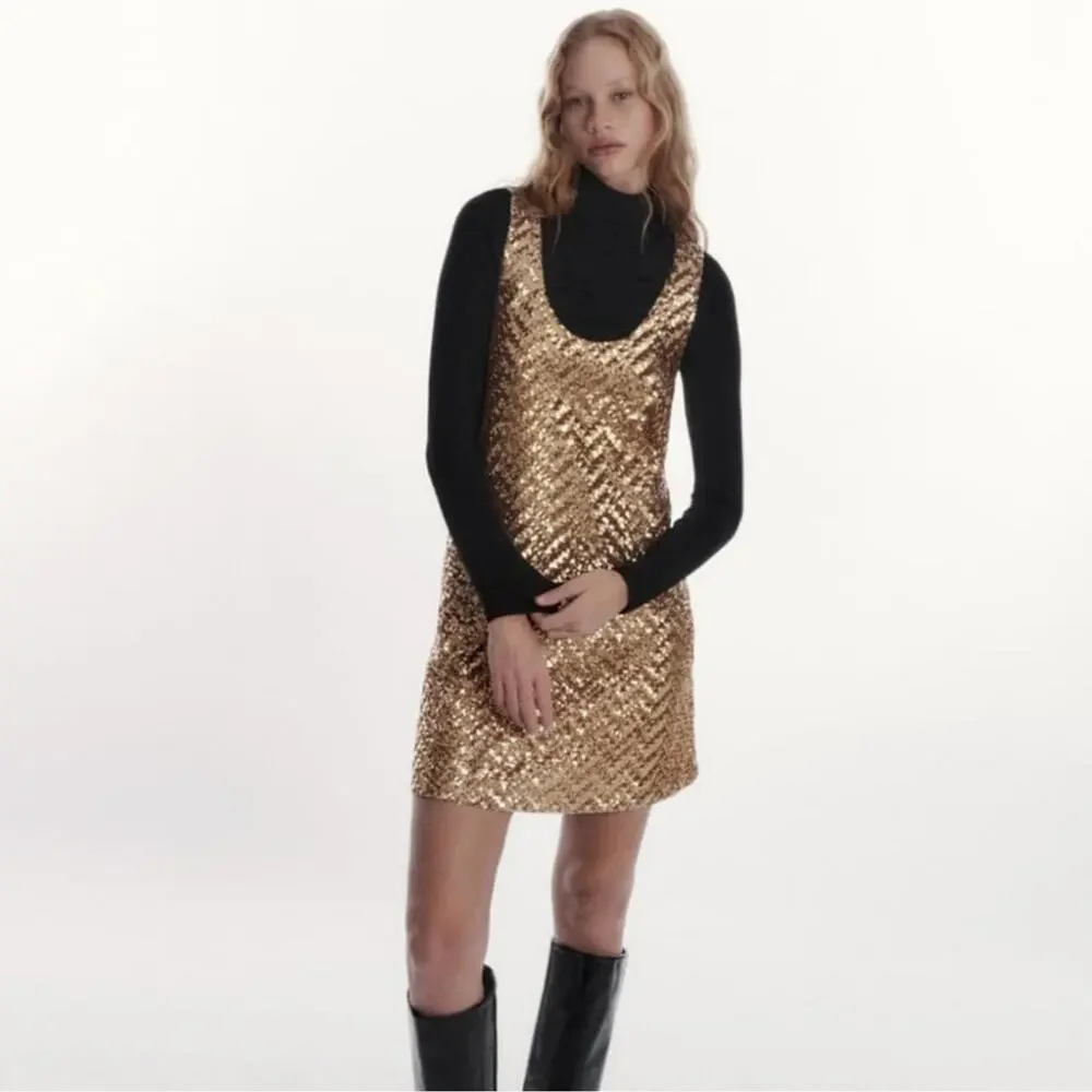 Zara Gold Sequin Sleeveless A-Line Mini Dress Scoopneck Sleeveless Size Small - Picture 4 of 10